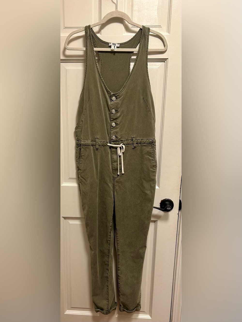 PAIGE Olive Green Button-Front Drawstring Jumpsuit